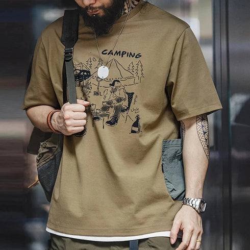 Men’s T-shirt with outdoor camp print and waterproof pocket.